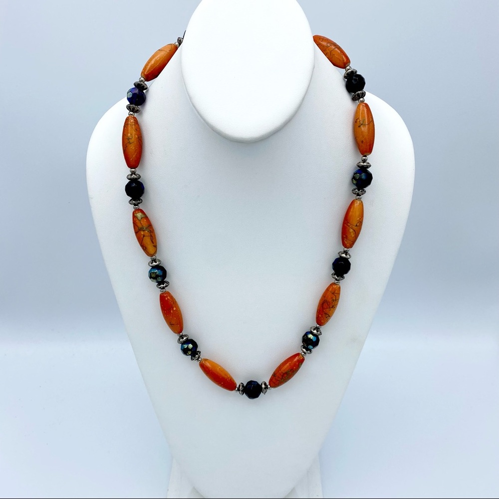 Artisan Handcrafted Orange Silver Tone & Peacock Aurora Borealis Beaded Necklace